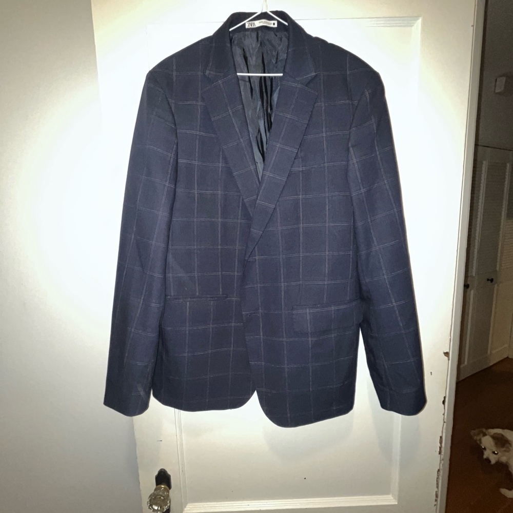 Zara Men's Dark Blue Plaid Blazer